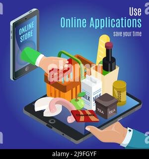 Isometric online order concept with hand holding different products on tablet and credit card payment vector illustration Stock Vector