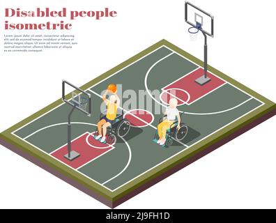 Disabled people isometric composition with two invalids in wheelchair playing basketball on playground vector illustration Stock Vector