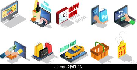 Isometric ecommerce elements collection with online purchase payment taxi free delivery discounts shopping bags basket price tag isolated vector illus Stock Vector