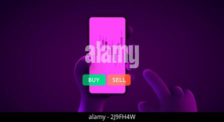 Financial analytics concept. Candlestick chart trading. Business application template. Hand holds a smartphone. Landing page template. Stock Vector