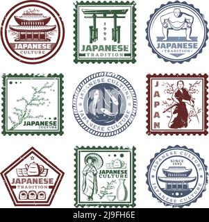 Vintage colored Japan stamps set with traditional tea party building sakura geisha samurai fish sumo player isolated vector illustration Stock Vector