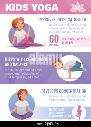 Kids yoga infographic set with coordination and balance symbols cartoon vector illustration Stock Vector