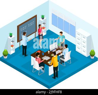 Isometric learning process in university template with students studying and brainstorming in classroom isolated vector illustration Stock Vector