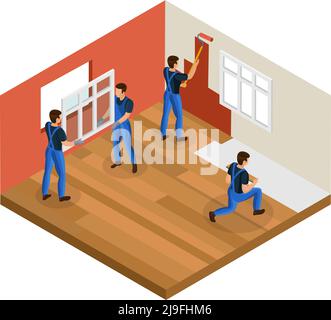 Isometric home renovation concept with professional workers installing window painting wall and repair floor in room isolated vector illustration Stock Vector