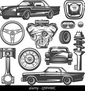 Vintage car components collection witn automobile motor engine piston steering wheel tire headlights speedometer gearbox shock absorber isolated vecto Stock Vector