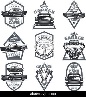 Retro vehicle club emblems set with classic automobiles steering wheel motor engine pistons in vintage style isolated vector illustration Stock Vector