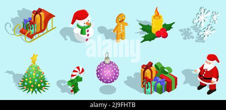 Isometric Christmas icons set with sleigh snowman gingerbread man candle snowflakes fir tree candy ball gifts Santa Claus isolated vector illustration Stock Vector