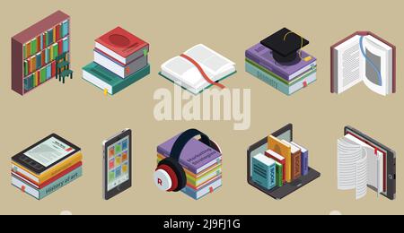 Isometric colorful books collection with bookshelf educational literature and ebooks on different devices isolated vector illustration Stock Vector