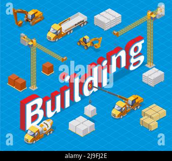 Isometric industrial building concept with different construction materials cranes concrete mixer cargo trucks and excavators isolated vector illustra Stock Vector