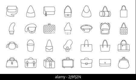 Women bags illustration including icons - purse, handbag, fashion clutch, business briefcase, backpack, leather suitcase, postback, shopper. Thin line Stock Vector