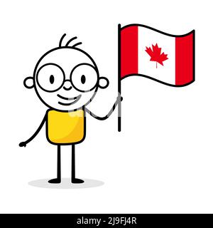 Man holding flag of Canada isolated on white background. Hand drawn doodle line art man. Concept of country. Stock Vector