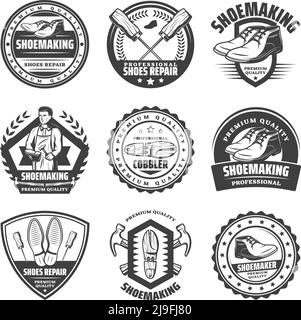 Vintage monochrome shoemaking emblems set with inscriptions cobbler wooden boot repair instruments and tools isolated vector illustration Stock Vector