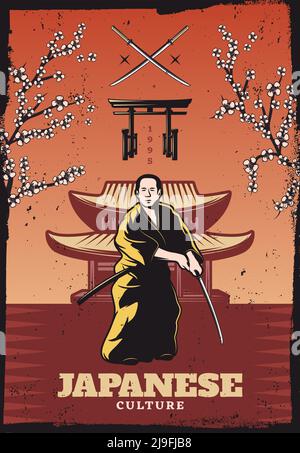 Vintage colored japanese culture poster with samurai holding sword sakura tree branches traditional gates and building vector illustration Stock Vector