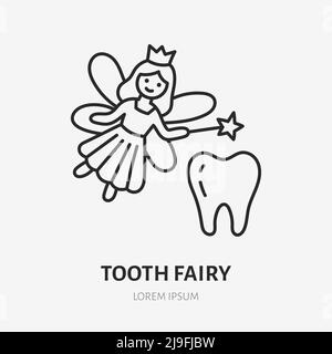 Tooth fairy doodle line icon. Vector thin outline illustration of sprite. Black color linear sign for pediatric, dentistry Stock Vector
