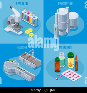 Isometric pharmaceutical industry square composition with microscope tubes production and packing equipment medical pills drugs medicines isolated vec Stock Vector