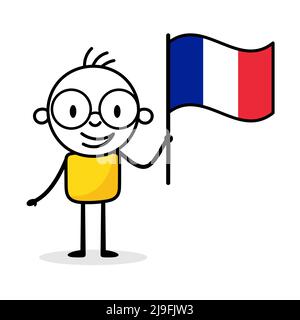 Man holding flag of France isolated on white background. Hand drawn doodle line art man. Concept of country. Vector stock illustration Stock Vector