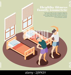 Healthy family fitness isometric background with sister and brother doing morning exercises in bedroom flat vector illustration Stock Vector