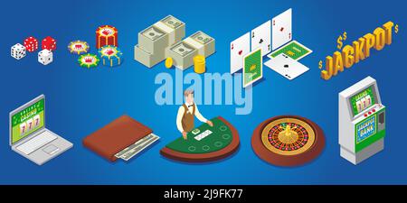 Isometric casino icons set with dice poker chips money playing cards jackpot online gambling wallet croupier roulette slot machine isolated vector ill Stock Vector