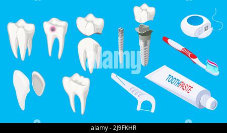 Isometric dental elements set with sick and healthy teeth implants ...