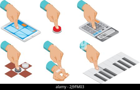 Isometric hand indicates gesture set with button press tablet touch calculator counting plaster paste piano checkers playing isolated vector illustrat Stock Vector