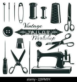 Vintage tailor elements set with buttons sewing machine pin needles thread spool scissors thimble awl isolated vector illustration Stock Vector