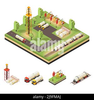 Colorful isometric oil extraction composition with tankers trucks drilling rigs barrels derrick isolated vector illustration Stock Vector