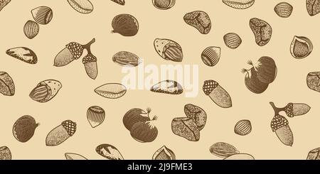 Organic seeds seamless pattern with different sorts of nuts in sketch style vector illustration Stock Vector