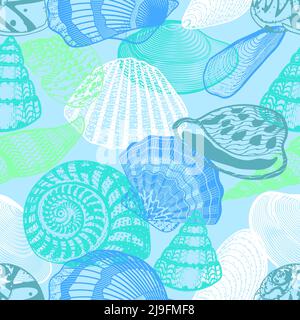 Colorful underwater ocean life seamless pattern with shells of different shapes scallops and snail vector illustration Stock Vector