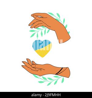 Two human hands holding the heart of Ukraine, blue and yellow colors flag, vector illustration Stock Vector