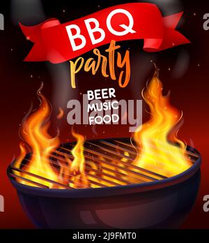 Realistic fire flame bbq grill composition with bbq party beer music ...