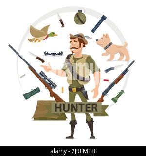 Colorful hunting elements concept with hunter weapons animals flashlights tent flask trap in circle isolated vector illustration Stock Vector