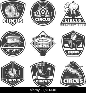 Vintage monochrome circus labels set with artists trained animals cycling elements arena and tent isolated vector illustration Stock Vector