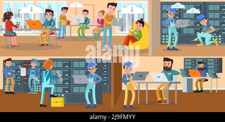 Technology engineer service horizontal banners with cloud storage checking server repairing and data exchange vector illustration Stock Vector