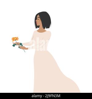 Woman in a long dress with a flower in her hands. Vector illustration Stock Vector