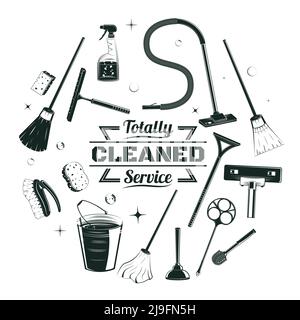 Sketch cleaning service elements round concept with housekeeping equipment and tools in vintage style isolated vector illustration Stock Vector