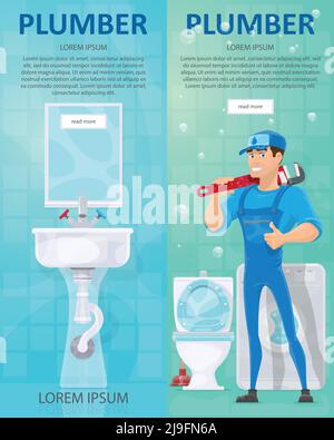 Plumbing vertical banners with plumber holding professional wrench toilet washing machine sink crane and mirror vector illustration Stock Vector