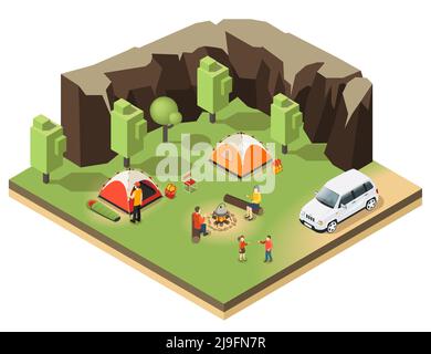 Colorful isometric outdoor recreation concept with camping and people relaxing in forest near mountains isolated vector illustration Stock Vector