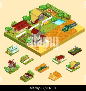 Isometric agricultural concept with farm building barn mill farmers greenhouse hay animals apple vegetables cereal harvesting isolated vector illustra Stock Vector