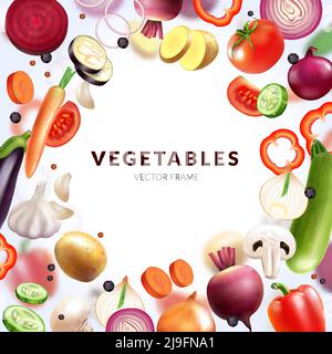 Realistic vegetables frame with empty space for editable text and round composition of fresh fruit slices vector illustration Stock Vector