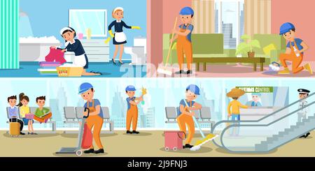 Cleaning company service horizontal banners with professional employees working at home and airport passenger terminal vector illustration Stock Vector