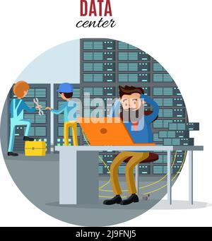 Technology repair service concept with engineers fixing problems and checking web hosting work in server room vector illustration Stock Vector
