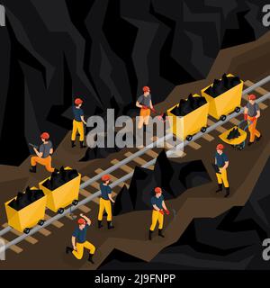 Isometric coal industry concept with miners in uniform working in mine and using manual labour tools vector illustration Stock Vector
