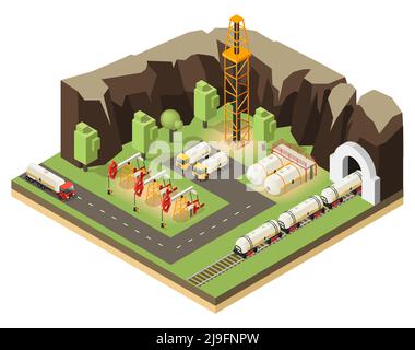 Isometric oil extraction concept with drilling rigs petroleum transportation and barrels isolated vector illustration Stock Vector