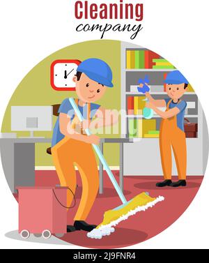 Cleaning company template with male professional employees in uniform working at office vector illustration Stock Vector