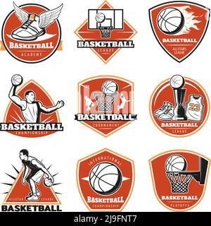 Colored vintage basketball labels set with players sport equipment cup and clothing isolated vector illustration Stock Vector