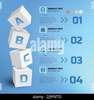 Abstract business infographic template with 3d squares text icons and four options on blue background vector illustration Stock Vector