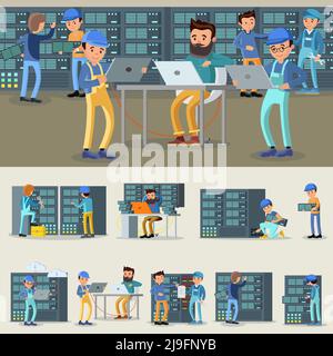 Datacenter professional workers collection with engineers repairing and fixing problems in cloud storage and server room vector illustration Stock Vector
