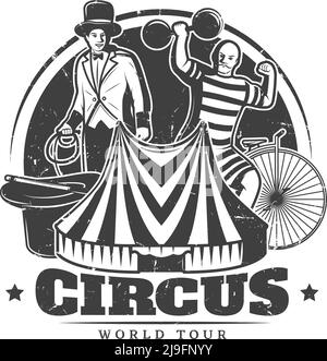 Monochrome vintage circus template with inscription trainer strongman unicycle marquee magic wand and hat vector illustration Stock Vector