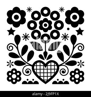 Folk art vector design with flowers and heart from Nowy Sacz in Poland inspired by traditional highlanders embroidery Lachy Sadeckie in black and whit Stock Vector