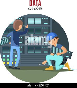 Digital technologic concept with engineers connecting and checking cloud servers in data center vector illustration Stock Vector